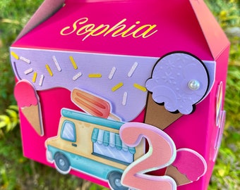 Eis Eiswagen Sommer Party Goodie Box. 6 Boxen personalisiert mit Namen und Alter. Giebel Hot Pink Box. 8 x 5,20 x 5 Zoll.