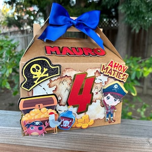 Trésor de fête sur le thème des pirates, boîte à bonbons personnalisée, boîte Kraft. 8 x 4 7/8 x 5 1/8 pouces. Carte au trésor, bateau, pirate, île
