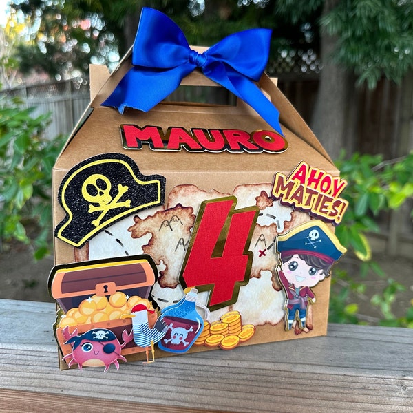 Trésor de fête sur le thème des pirates, boîte à bonbons personnalisée, boîte Kraft. 8 x 4 7/8 x 5 1/8 pouces. Carte au trésor, bateau, pirate, île