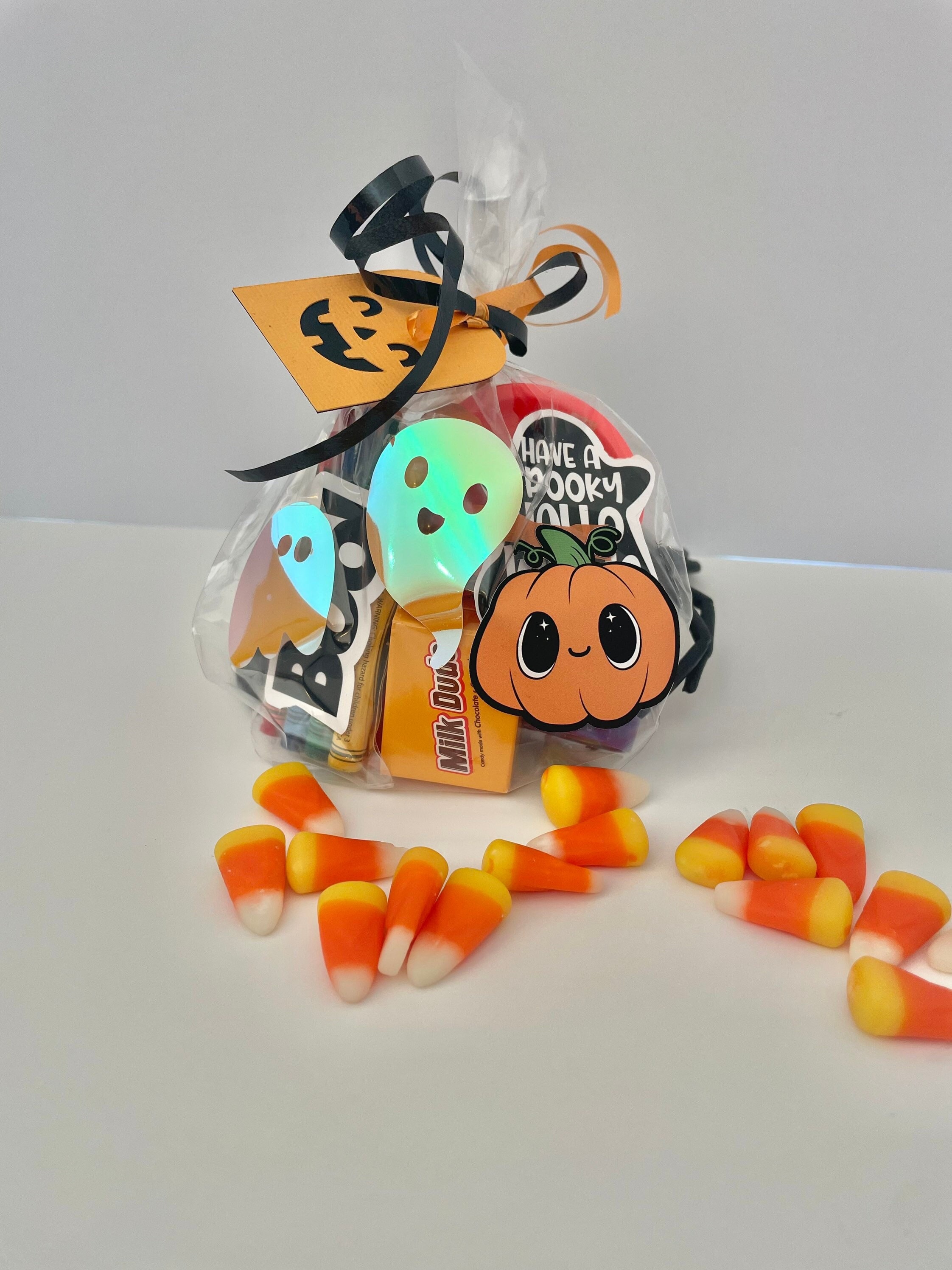 Halloween Goodie Bags for Trick or Treat. Pre filled with Candies, Toy and Sticker. Pack of 12 bags. Cute Halloween Goodies