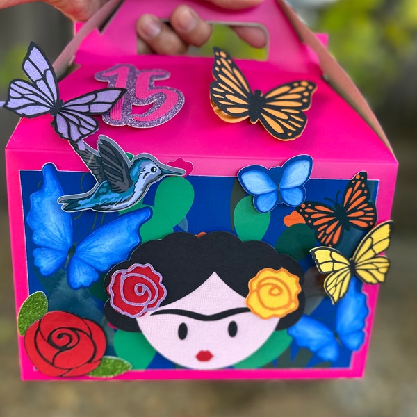 Mexican Art and Nature inspired Gable Box 8 x 4 7/8 x 5.25  inches. Personalized with age. Butterflies, Flowers and Artist