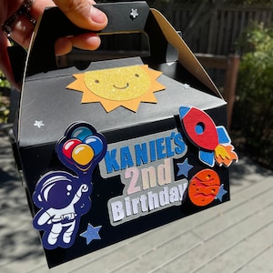Astronaut Space Planets Sun EMPTY SMALL Party SIX Goodie box Gift Container. Gable Black Box. 6.5 x 3.5 x 3.5 inches. Total height 7 inches.