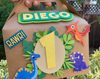 Dinosaurs Volcanos Dino Personalized Party favors Gable box  Kraft Box. 8 x 4 7/8 x 5 1/8 inches. Handmade Goodie Box