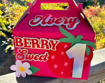 Strawberry Berry Cute Pink Personalized GoodieBox Party Favor for Kids. Gable Hot Pink 8 x 4 7/8 x 5 1/2 inches. Name and Age