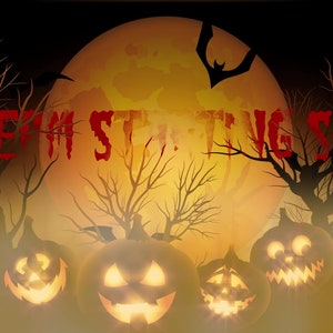 Könnte beinhalten: Ein Halloween-Bild mit einem großen, orangefarbenen Mond und unheimlichen Bäumen. Der Text "STREAM STARTING SOON" ist in roten, gezackten Buchstaben geschrieben. Im Vordergrund befinden sich vier beleuchtete Kürbisse.