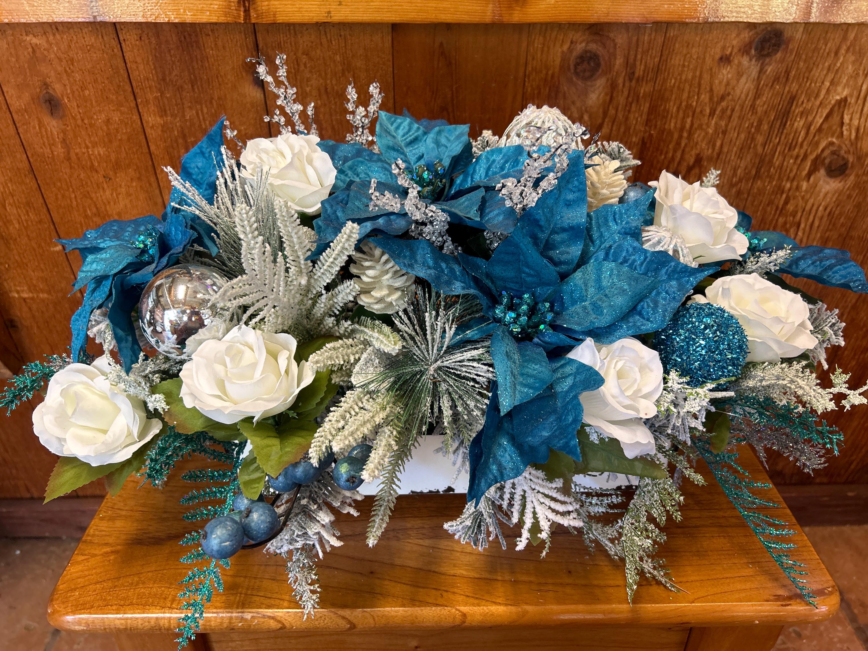 30 Beautiful Christmas Flower Arrangements for a Blooming Holiday: Festive Floral Ideas to Brighten Your Home 13 Large Blue Christmas centerpiece - blue poinsettia - table…
