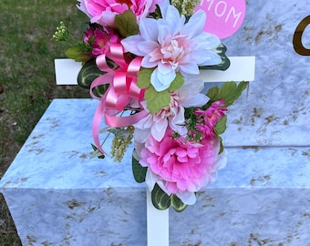 Cemetery cross - cemetery flowers - flowers for grave - gravesite decor - memorial cross - dad cross - blue flowers - sunflowers - headstone