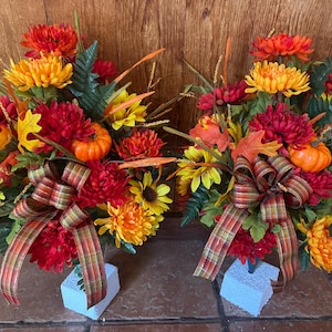 Bright Fall pair cemetery flowers - fall grave cone- fall decorations for cemetery - flowers for grave - cemetary flowers - vase - gravesite