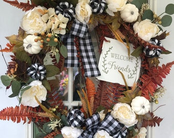 Front door wreath - grapevine wreath - wreath of flowers - autumn wreath - fall - door decoration - wreath for door - harvest- welcome