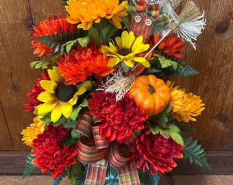 Bright Fall cemetery flowers - fall grave cone - fall decorations for cemetery - flowers for grave - cemetary flowers - vase - gravesite