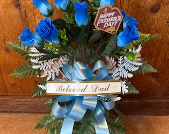 Fathers day cemetery flowers - flowers for gravesite - blue roses - dad  - flowers for grave - cone - vase - saddle -memorial - grandpa