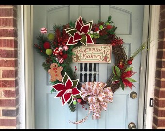Christmas wreath - wreath - holiday - door decor - decorations - Christmas decoration - flowers - gingerbread - front porch decor