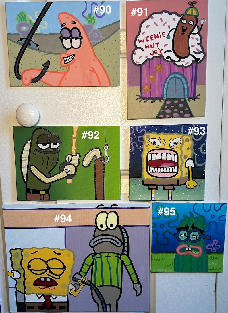Op de afbeelding: Een verzameling van zes vierkante schilderijen met personages en sc&egrave;nes uit de animatieserie SpongeBob SquarePants. Elk schilderij heeft een unieke sc&egrave;ne met levendige kleuren en een cartoonachtige stijl. De schilderijen zijn genummerd van #90 tot #95.