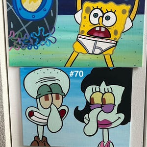 Op de afbeelding: Een verzameling van vier vierkante schilderijen met personages uit de animatieserie Spongebob Squarepants. De schilderijen tonen Spongebob, Octo en Patrick, met de teksten "#69", "#70", "#71" en "#72" in de hoeken.