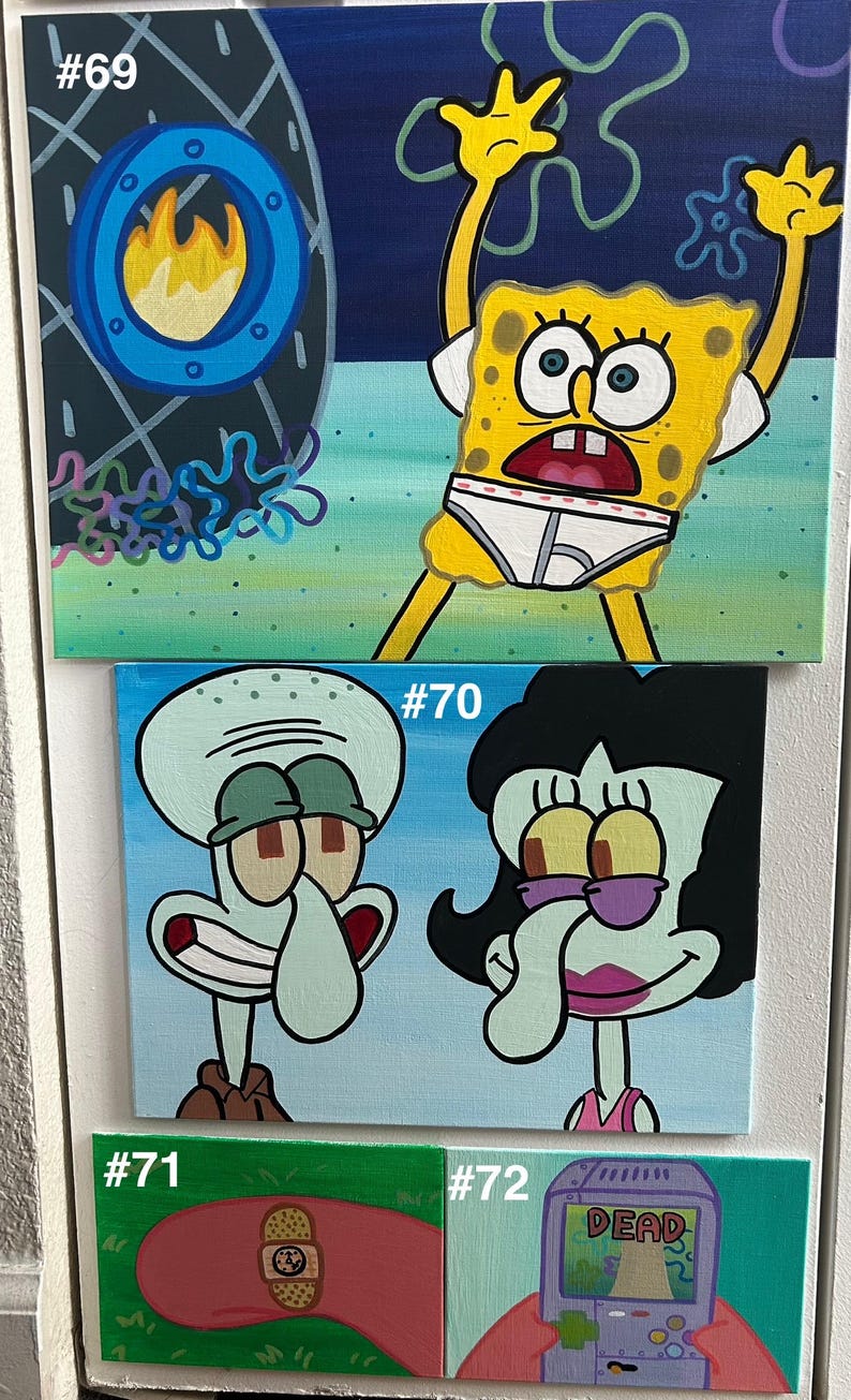 Op de afbeelding: Een verzameling van vier vierkante schilderijen met personages uit de animatieserie Spongebob Squarepants. De schilderijen tonen Spongebob, Octo en Patrick, met de teksten "#69", "#70", "#71" en "#72" in de hoeken.