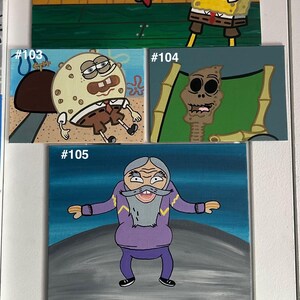 Op de afbeelding: Een verzameling van zeven acrylverfschilderijen met personages uit de animatieserie Spongebob Squarepants. De schilderijen tonen verschillende personages, waaronder Spongebob, Mr. Krabs en anderen, in levendige kleuren en cartoonachtige stijlen. Elk schilderij is genummerd.