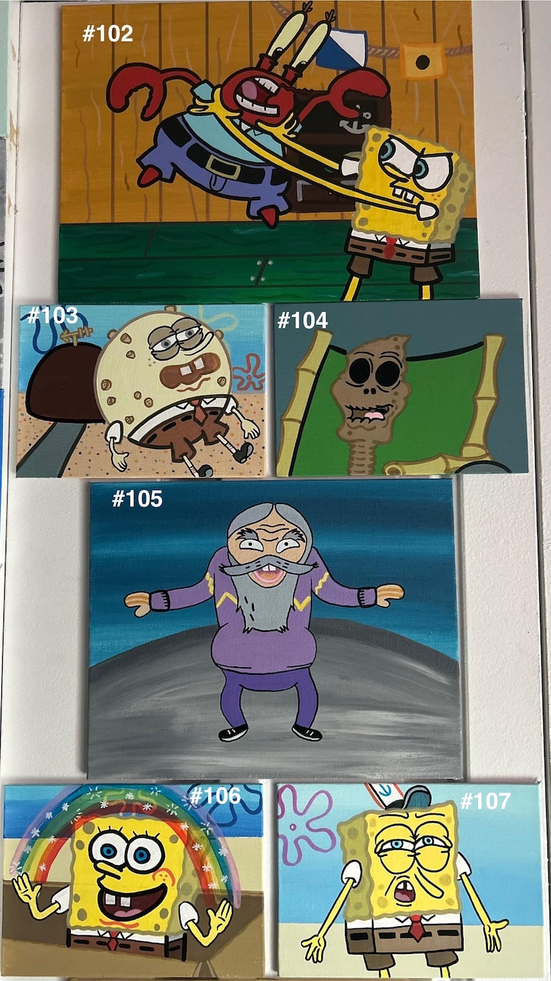 Op de afbeelding: Een verzameling van zeven acrylverfschilderijen met personages uit de animatieserie Spongebob Squarepants. De schilderijen tonen verschillende personages, waaronder Spongebob, Mr. Krabs en anderen, in levendige kleuren en cartoonachtige stijlen. Elk schilderij is genummerd.