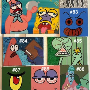 Op de afbeelding: Een verzameling vierkante schilderijen met personages uit de animatieserie SpongeBob SquarePants. De schilderijen tonen verschillende personages met verschillende uitdrukkingen en kleuren, waaronder SpongeBob, Patrick, Octo en Mr. Krabs.