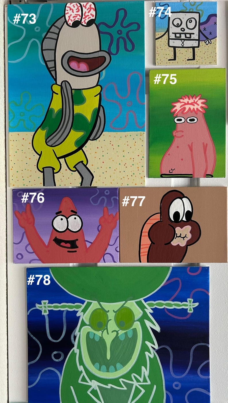 Op de afbeelding: Een verzameling acrylverfschilderijen met personages uit de animatieserie SpongeBob SquarePants. De schilderijen bevatten afbeeldingen van Vis, SpongeBob, Patrick Star en andere personages. Elk schilderij is genummerd.