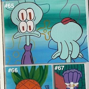 Op de afbeelding: Een verzameling kleine vierkante schilderijen met personages en elementen uit de animatieserie SpongeBob SquarePants. De schilderijen bevatten afbeeldingen van Octo Tentakel, een ananashuis en andere herkenbare beelden.