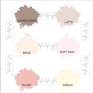 colour swatches for skin tone colors, dark taupe, pink blush, beige, soft pink, blush and cream