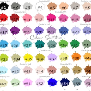 May include: A color chart with 56 different color swatches. Each swatch is numbered from 1 to 56. The swatches are arranged in rows of 8. The text "Colour Swatches" is written in cursive at the top of the chart.