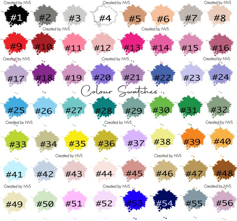Op de afbeelding: Een kleurenkaart met 56 kleurstalen, genummerd van 1 tot en met 56. De stalen zijn gerangschikt in rijen van acht, met de tekst "Colour Swatches" in het midden van de kaart.