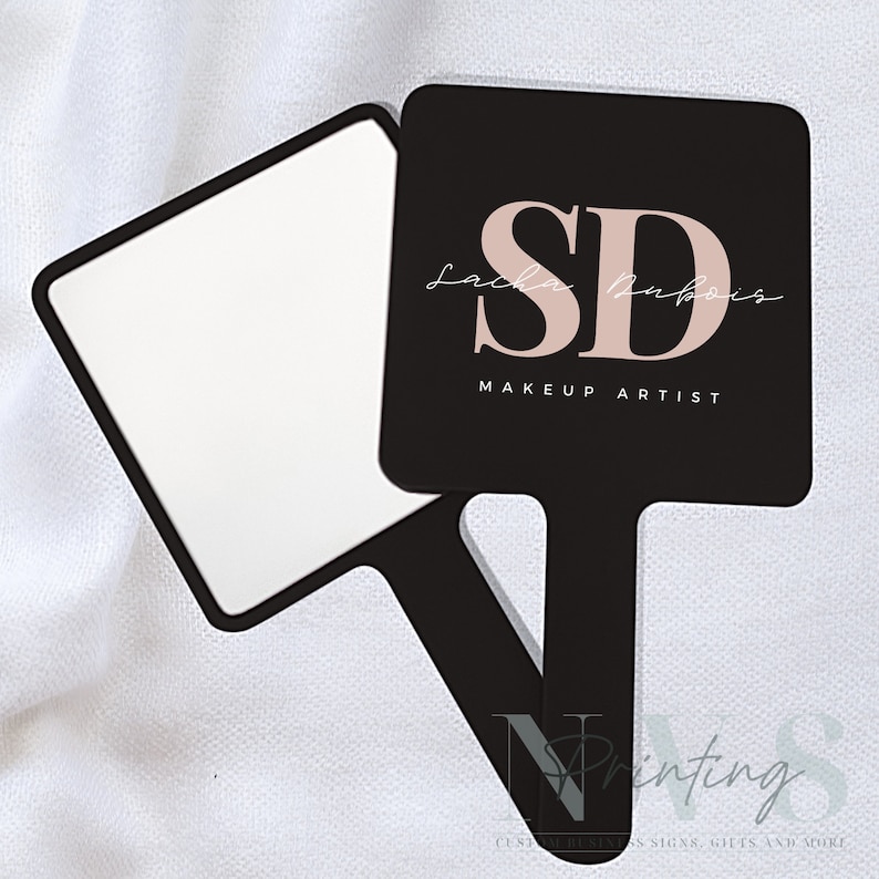 Personalised Handheld Mirror for Make Up Artist in black colour with printed business logo on it , SD hair and make up artist logo, custom print mirror for salon hairdresser lash tech or brow tech and any beautician, bridal gift