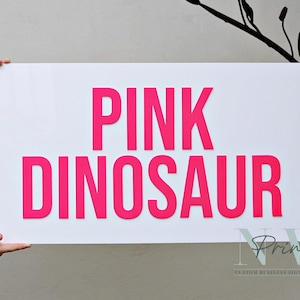 Custom Rectangle acrylic business sign in gloss white backing, PINK DINOSAUR in 3D hot pink acrylic on the sign using block sans font letter