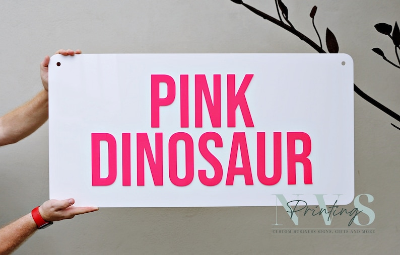 Custom Rectangle acrylic business sign in gloss white backing, PINK DINOSAUR in 3D hot pink acrylic on the sign using block sans font letter