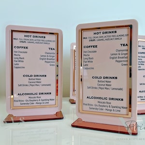 Exhibición de menú de bebidas, Exhibición de letreros de bodas para eventos de restaurante, Menú de bebidas