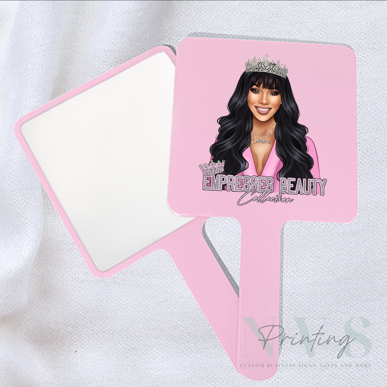 Personalised Handheld Mirror for Make Up Artist in pastel pink colour with printed business logo on it, empresser beauty collection logo, custom print mirror for salon hairdresser lash tech or brow tech and any beautician, bridal gift