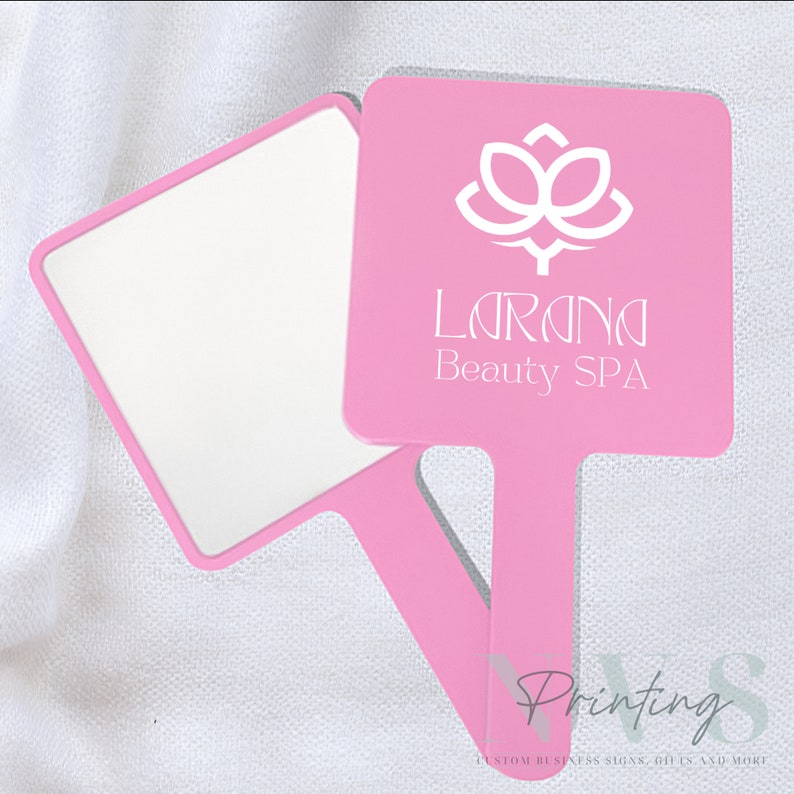 Personalised Handheld Mirror for Make Up Artist in bright pink colour with printed business logo on it, Larana beauty spa with tulip image logo, custom print mirror for salon hairdresser lash tech or brow tech and any beautician, bridal gift