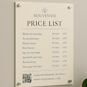 May include: A cream-coloured price list for massage services, titled "REJUVENATE PRICE LIST." The list includes medical massage, aromatherapy, deep tissue, hot stone, sports massage, Swedish massage, reflexology, and massage therapy. A QR code and website address are at the bottom.