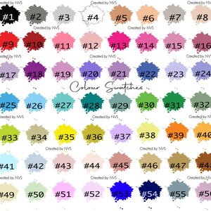 May include: A color swatch chart featuring 56 numbered color samples in various shades. The colors are displayed on irregular blotches, ranging from black to light beige, with the text "Colour Swatches" in the center.