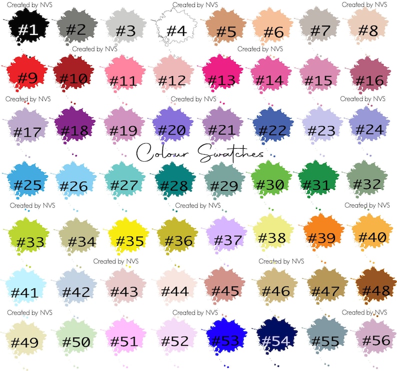May include: A color swatch chart featuring 56 numbered color samples in various shades. The colors are displayed on irregular blotches, ranging from black to light beige, with the text "Colour Swatches" in the center.