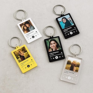 May include: A collection of keyrings in white, black, yellow, and clear. Each keyring displays a photo and a music player interface. The text "Your Song Here" is printed on each. Silver key rings are attached.