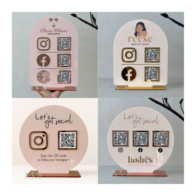 QR Code social media display stand for business, arch shape in blush pink backing with rose gold instagram facebook logo, arch in beige acrylic backing with gold mirror acrylic instagram and facebook logo, round stand lets get social on top and logo