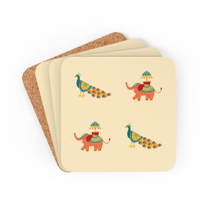 Indian Elephant and Peacock Coasters Set of 4 | Elephant Peacock Coaster, Indian Coasters, Indian Kitchen Decor, Indian Gift, Housewarming