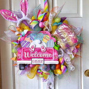 Corona de Pascua hecha a mano, corona de conejito de Pascua de huevo de Pascua, decoración navideña, malla colorida, decoración de Pascua arcoíris, decoración de puerta de corona de Pascua de 22&quot;