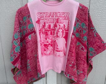 Stranger Things Kantha Festival Poncho Upcycled Band Shirt Hippie Cloak Boho Music Festival Wear Handmade Braveheart By Design