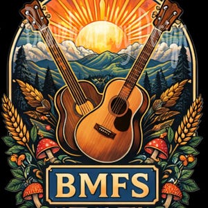 May include: A digital illustration featuring two acoustic guitars crossed over each other, set against a backdrop of a sunset over mountains and trees. The design includes the text "BMFS" on a blue sign, surrounded by mushrooms and foliage.