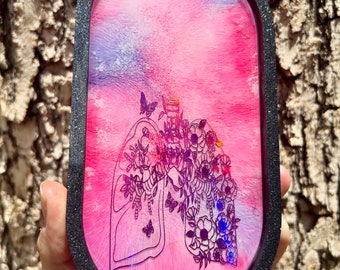 Pink & black holographic lungs trinket tray - gothic resin decor and gifts