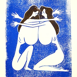 Handmade Linoleum Cut Print "Ideal Women's Embrace"