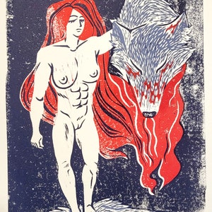 Handmade Linoleum Cut Print &quot;Savior and The Wolf