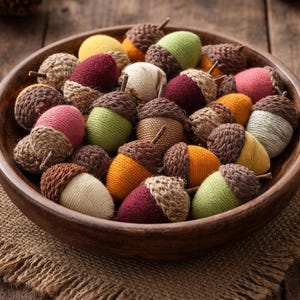 May include: A collection of decorative acorns crafted from yarn in various colors including red, yellow, green, orange, and cream. Each acorn features a textured brown cap and a small stem, all arranged together inside a round wooden bowl.