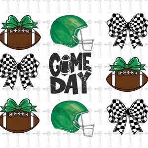 May include: A digital graphic featuring football-themed elements. Includes brown footballs with green bows, green football helmets, and checkered bows. The phrase "COME DAY" is displayed in a distressed font, with a football graphic.
