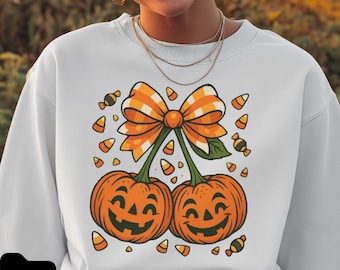 Pumpkin Cherries PNG: Coquette Halloween Clipart with Candy Corn Bow (Digital Download, PDF File)