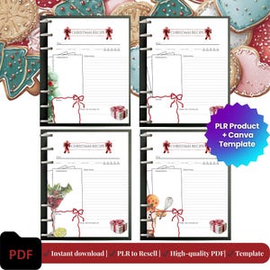 May include: Four-page Christmas recipe template with a black binder. Each page has a "Christmas Recipe" header, space for ingredients, directions, and notes. The bottom of the pages have a gift box and bow graphic. The bottom of the image has the text "PDF", "Instant download", "PLR to Resell", "High-quality PDF", and "Template".