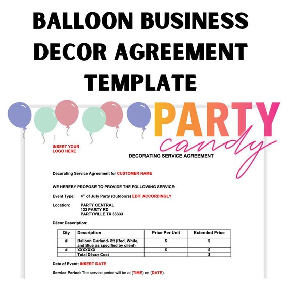 BALLOON BUSINESS Decor Agreement Template Etsy